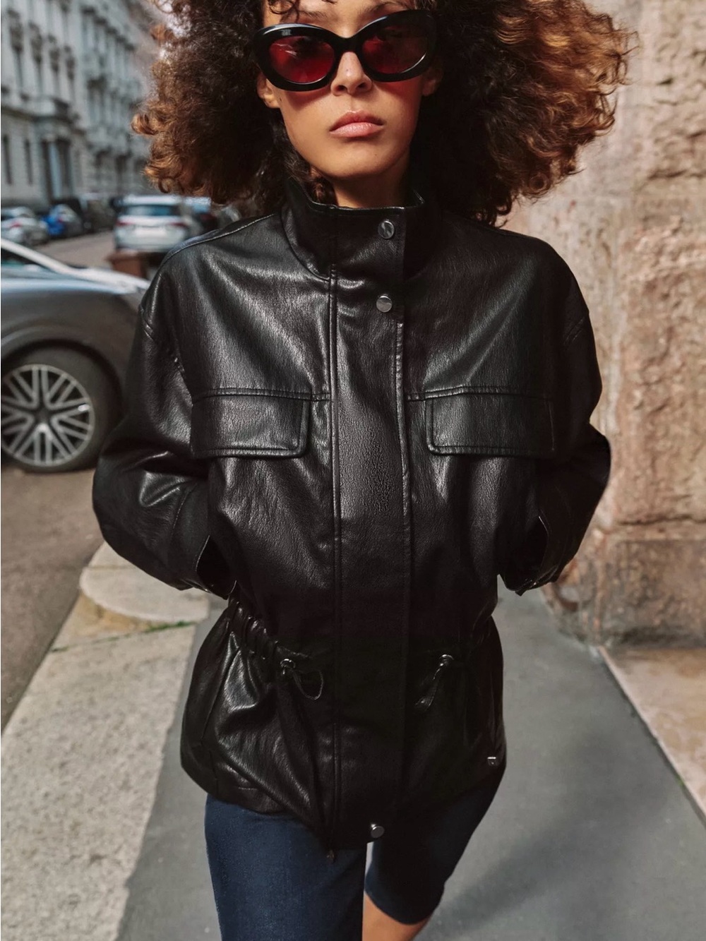 Zara Black Faux Leather Drawstring-Waist Jacket